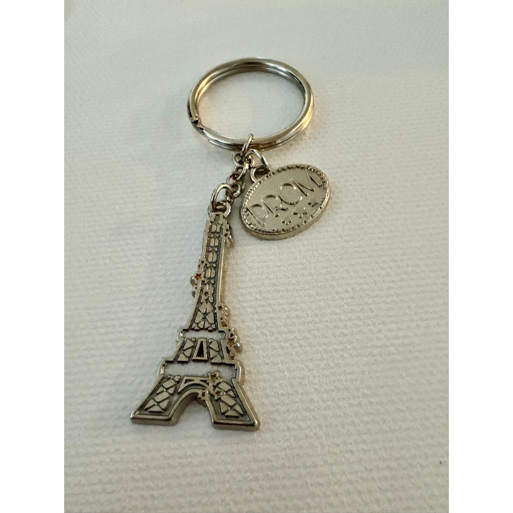 Silver Eiffel Tower Keychain with PROM Oval Charm Paris Souvenir Key Ring